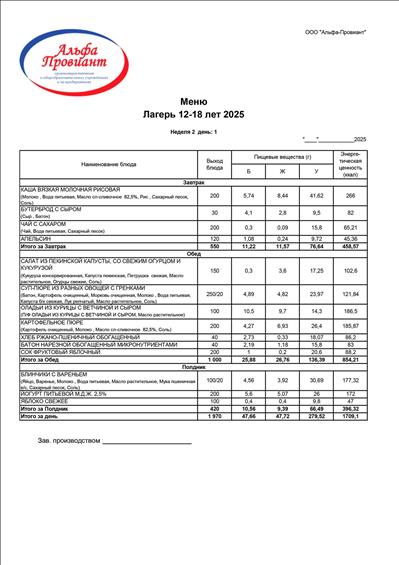 03.06.2024 Меню детского лагеря для детей от 12 до 18 лет