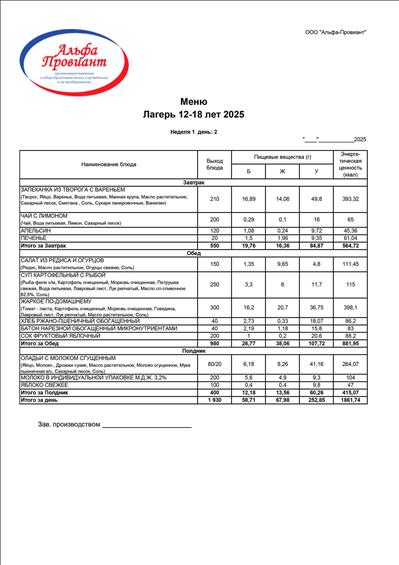 28.05.2024 Меню детского лагеря для детей от 12 до 18 лет