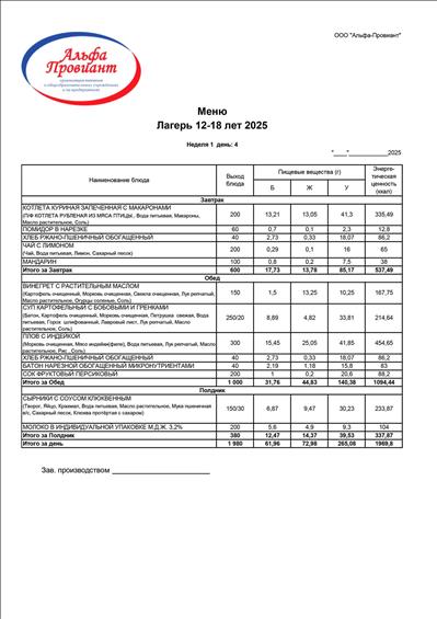 30.05.2024 Меню детского лагеря для детей от 12 до 18 лет