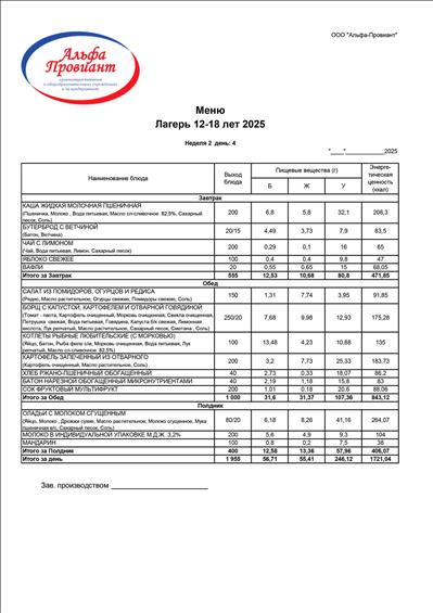 06.06.2024 Меню детского лагеря для детей от 12 до 18 лет
