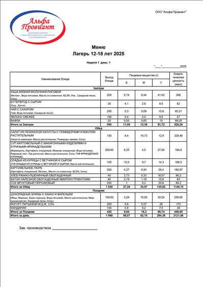 27.05.2024 Меню детского лагеря для детей от 12 до 18 лет